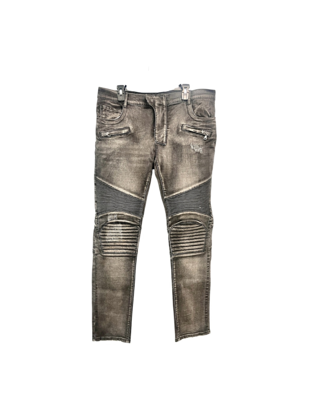 $1490 Balmain men's slim-fit biker trousers in a washed-grey denim size 38